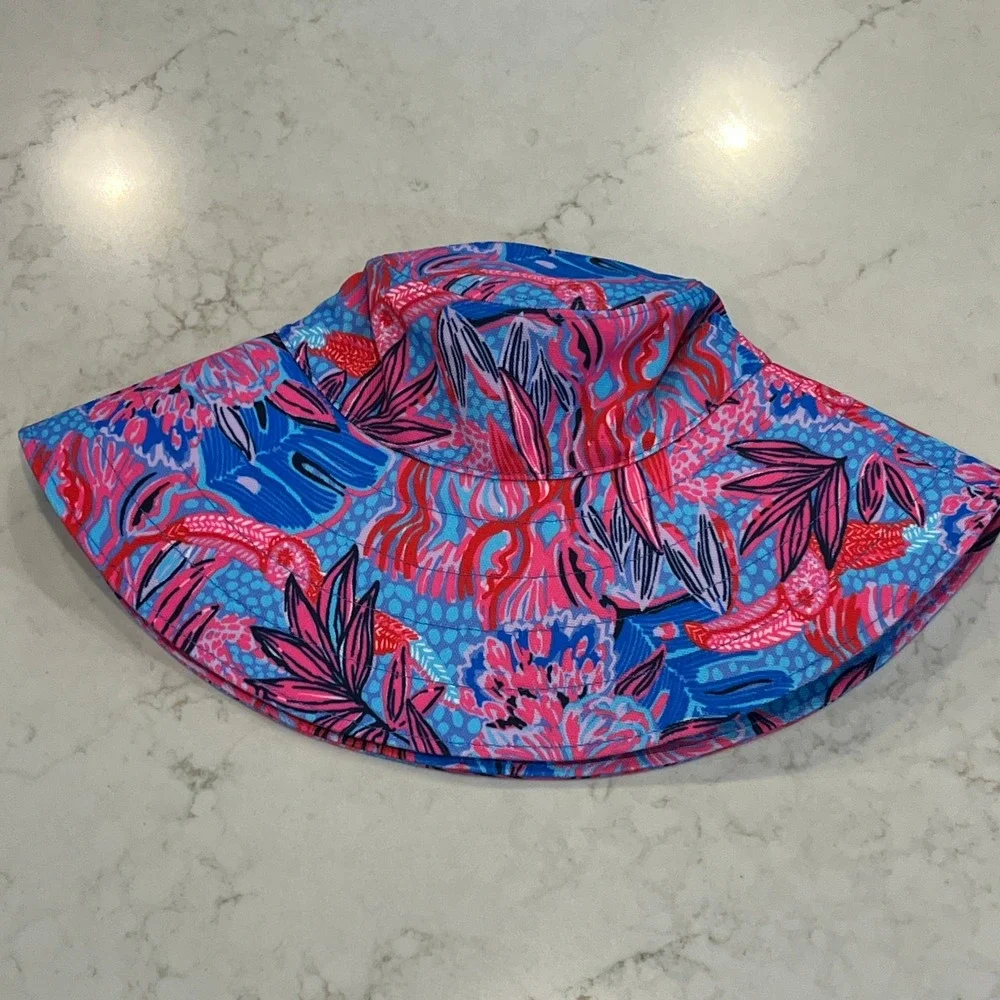 Lilly Pulitzer Bucket Hat Womens One Size Blue Pink‎ Floral Tropical Wide Brim